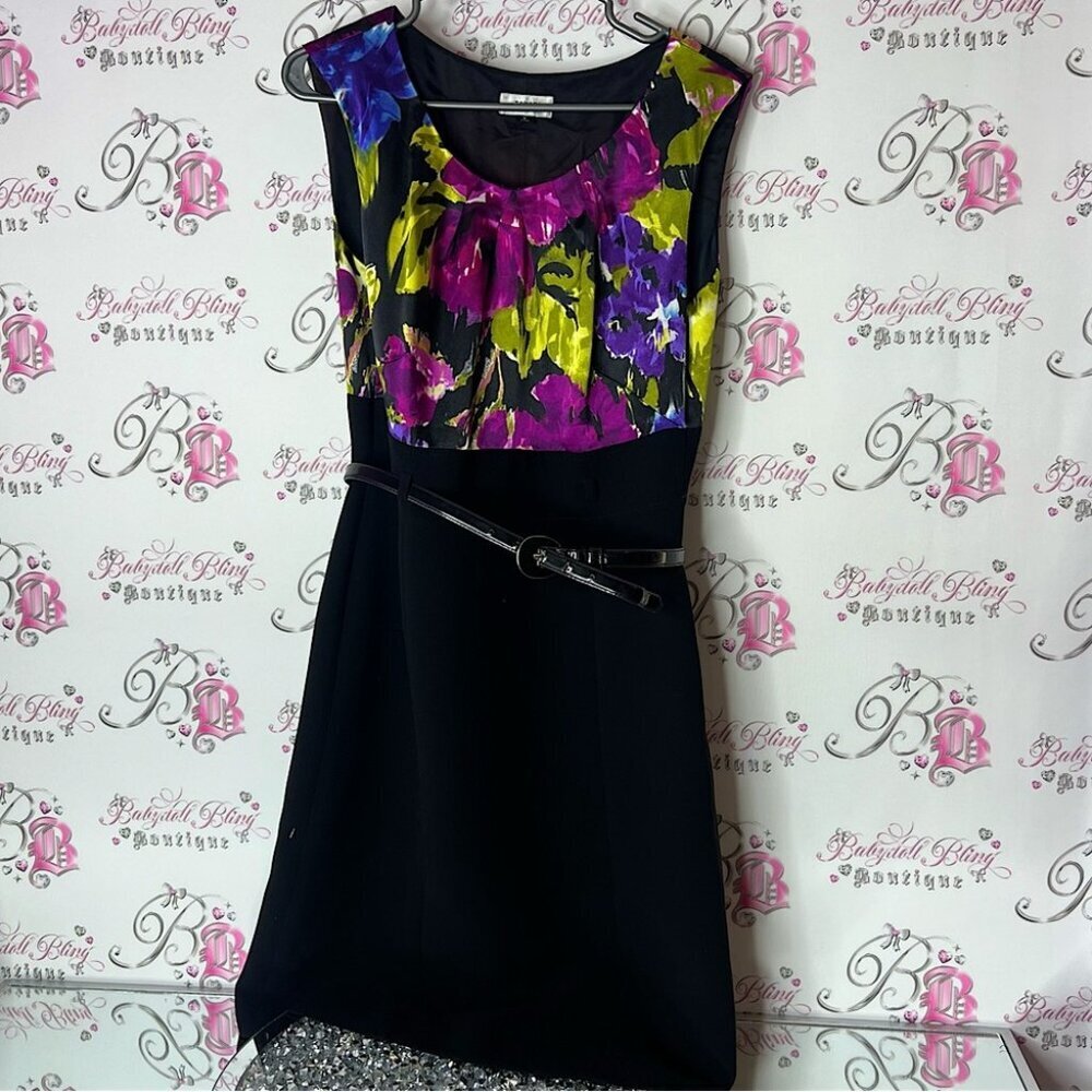 Tahari Arthur S Levine dress Floral belted purple green pink Black belt